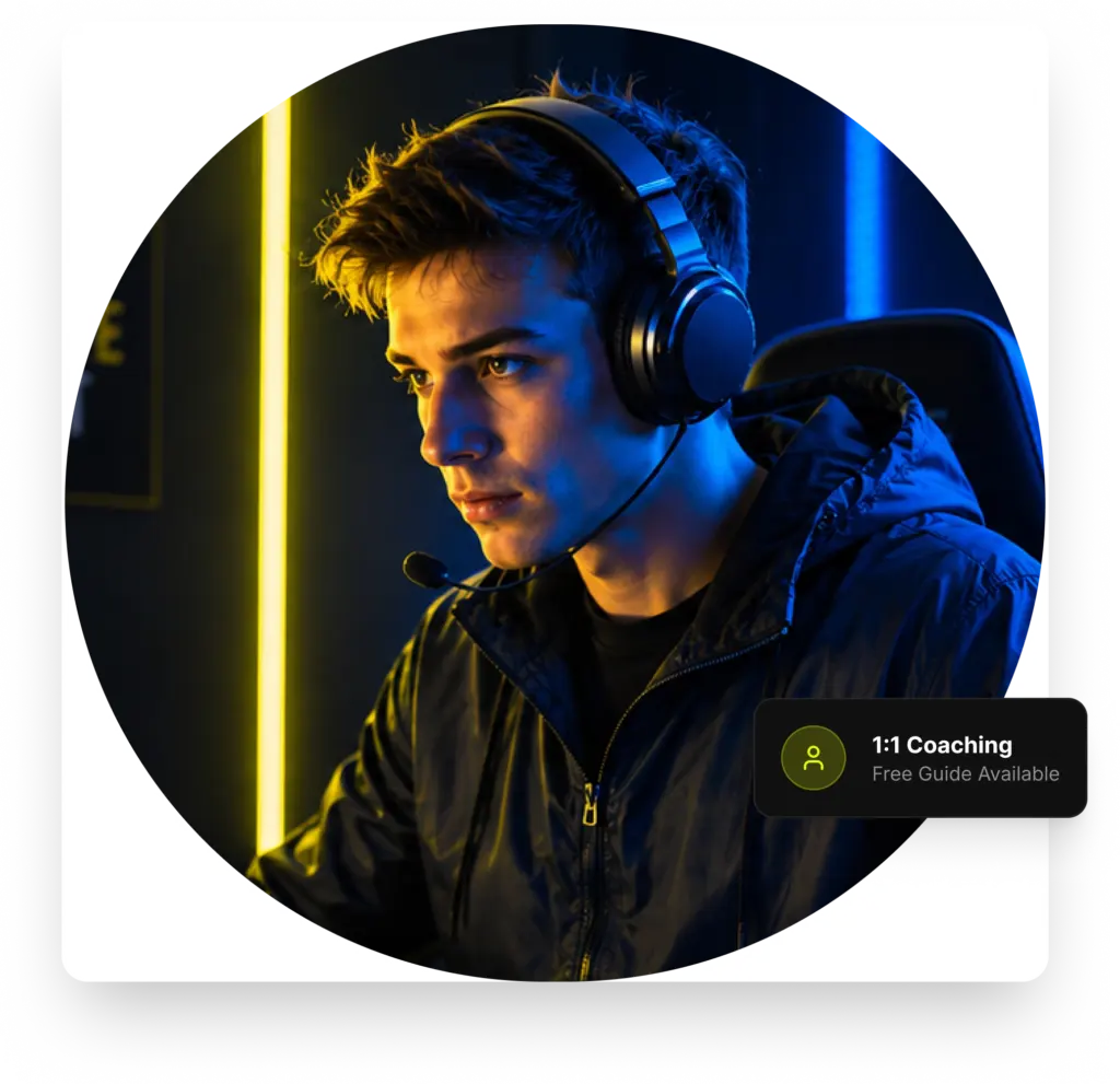 A focused gamer wearing a headset at a dark gaming desk, lit by yellow and blue neon lights while using a keyboard and mouse.